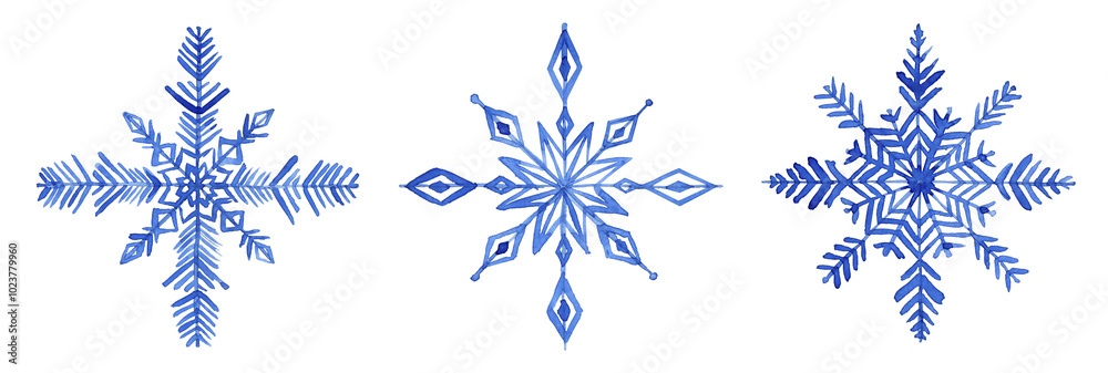 A set of snowflakes. Blue watercolor illustration of snowflakes. Winter. Selection A set of snowflakes. Blue watercolor illustration of snowflakes. Winter. Selection