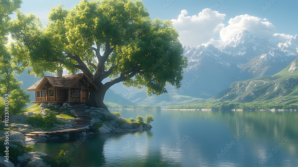 A wooden cabin sits nestled under a large tree on a small island in a lake, with mountains in the background. A wooden cabin sits nestled under a large tree on a small island in a lake, with mountains in the background.