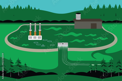 Illustration of a wastewater treatment plant with a clean water flow.