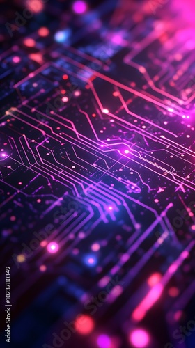 A background of a digital circuit board with glowing lines and neon lights, representing the high-tech nature of AI technology