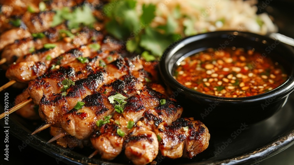Grilled Skewers with Spicy Sauce and Fresh Herbs
