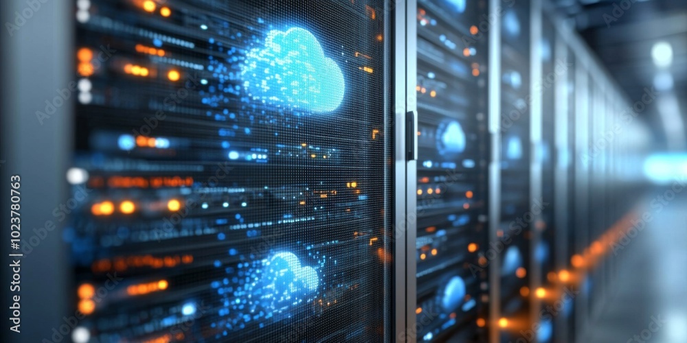 Naklejka premium Detailed analysis of the hybrid cloud system emphasizing its sophisticated features.