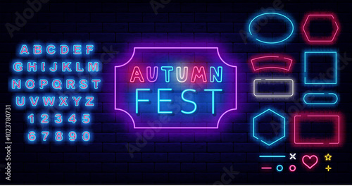 Autumn fest neon signboard. Season festival and party. Bright flyer. Vector stock illustration