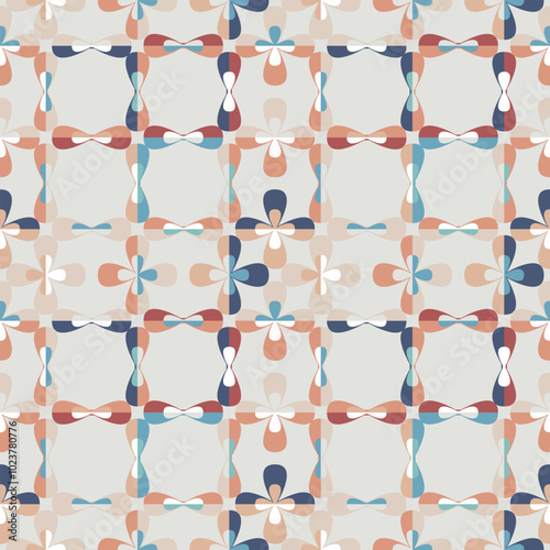 Colourful abstract seamless vector pattern with stylised flower petals in retro style. Decorative geometric floral grid texture for wallpaper, home decor, fashion fabrics and prints.