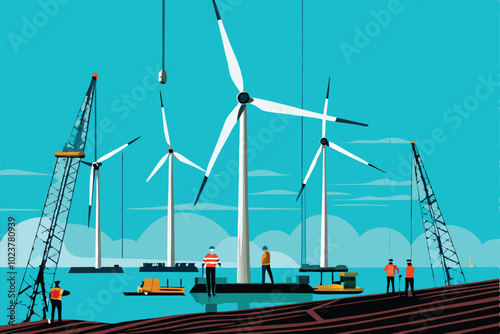 Illustration of a wind farm under construction with workers and cranes.