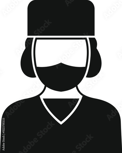 Simple black and white vector icon of a female surgeon wearing scrubs and a surgical mask