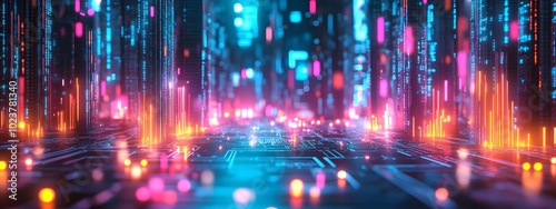 A background of a digital circuit board with glowing lines and neon lights, representing the high-tech nature of AI technology