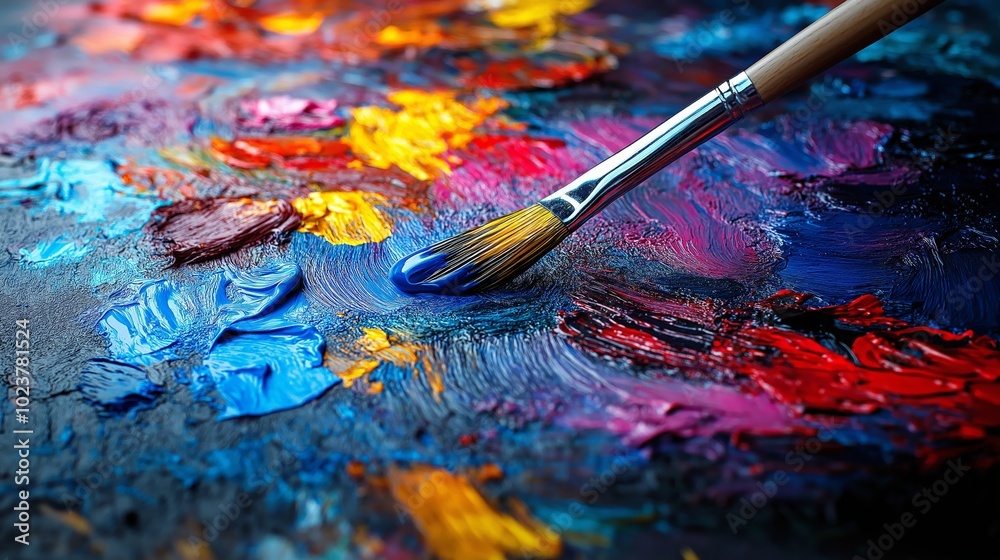 Obraz premium A close-up of a paintbrush applying vibrant, thick brush strokes of paint on canvas, creating expressive strokes that reflect creativity, artistic freedom, and passion