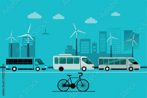 Illustration of a city with electric buses and bikes, highlighting sustainable transportation.