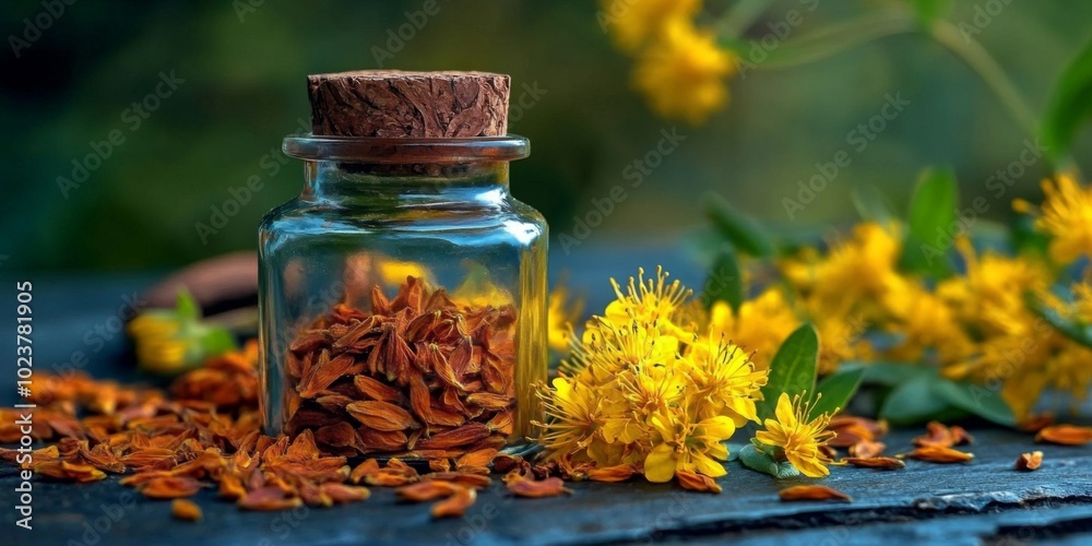Rhodiola Rosea Extract in Glass Bottle with Yellow Flowers. Rhodiola Rosea Extract in Glass Bottle with Yellow Flowers.