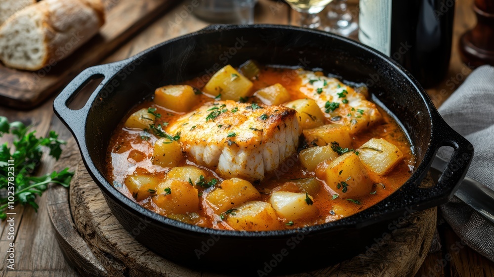 Rustic Fish Stew in Cast Iron Pot with Potatoes and Leeks for Cozy Dining Design Rustic Fish Stew in Cast Iron Pot with Potatoes and Leeks for Cozy Dining Design