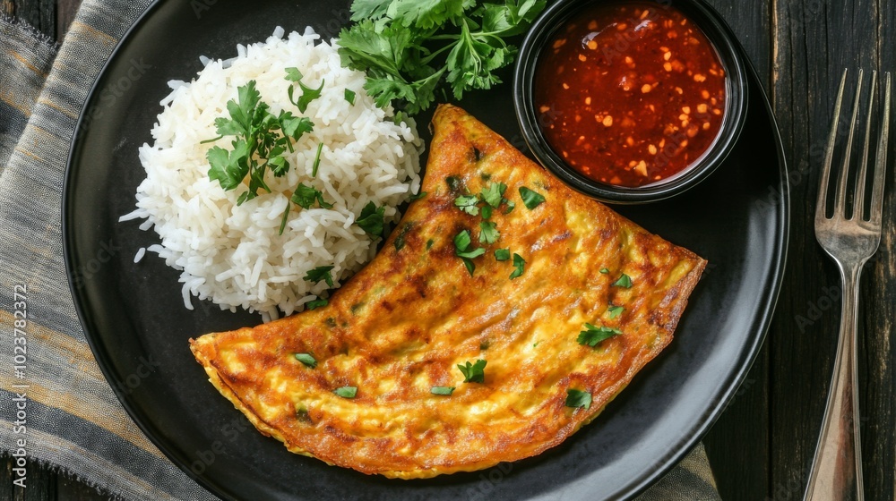 Delicious Omelette with Rice and Sauce on Plate Delicious Omelette with Rice and Sauce on Plate