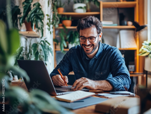 Cheerful young man working on his laptop in a bright caf? filled with greenery