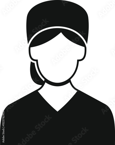 Simple black and white vector icon of a female healthcare professional wearing scrubs and a surgical cap