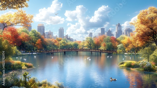 A picturesque view of a city park with a bridge over a lake, surrounded by colorful autumn foliage and skyscrapers in the distance.