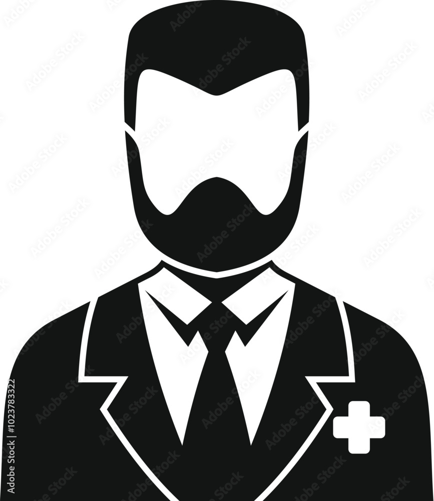 Simple black and white vector icon of a bearded doctor wearing a suit and tie, with a medical cross Simple black and white vector icon of a bearded doctor wearing a suit and tie, with a medical cross