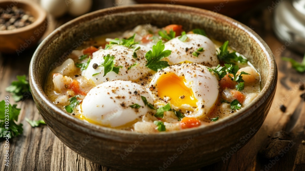 Savory Bowl of Poached Eggs with Fresh Herbs and Vegetables Savory Bowl of Poached Eggs with Fresh Herbs and Vegetables