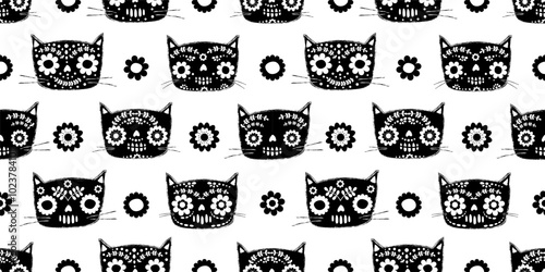 Cute vector Day of the Dead vector seamless pattern with floral cat head skulls, Mexican Dia De Los Muertos and Halloween animal and flower background in  black and white