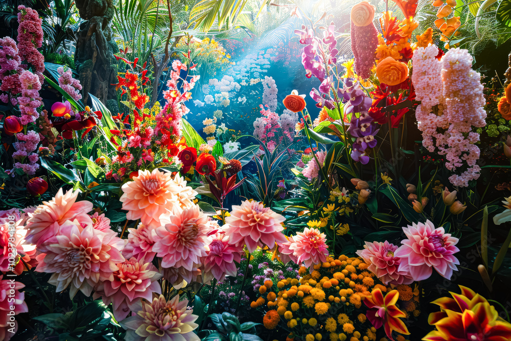 Colorful field of flowers with a bright blue sky in the background. The flowers are in full bloom and the sun is shining brightly, creating a warm and inviting atmosphere Colorful field of flowers with a bright blue sky in the background. The flowers are in full bloom and the sun is shining brightly, creating a warm and inviting atmosphere