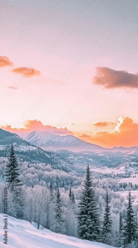 Obraz premium The sun sets over a snowy valley, casting warm hues on the mountains and trees