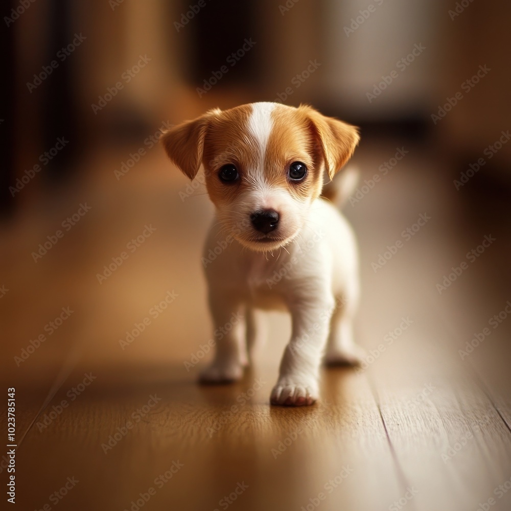 Curious and Playful Puppy Exploring Indoor Wooden Floor Curious and Playful Puppy Exploring Indoor Wooden Floor