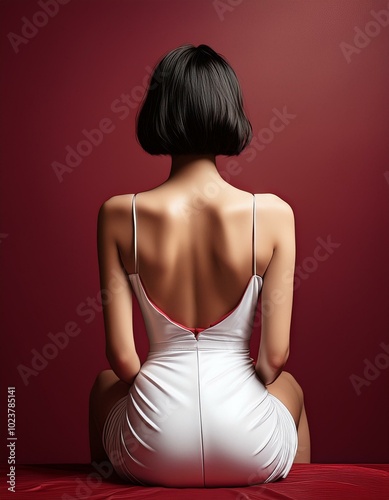 a brunette short haired woman with nude shoulders wearing a low cut white leather mini dress sitted on the table on red background