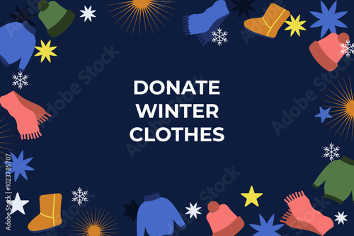 Winter warm clothing donation.Charity, social care and help concept.Flat vector illustration