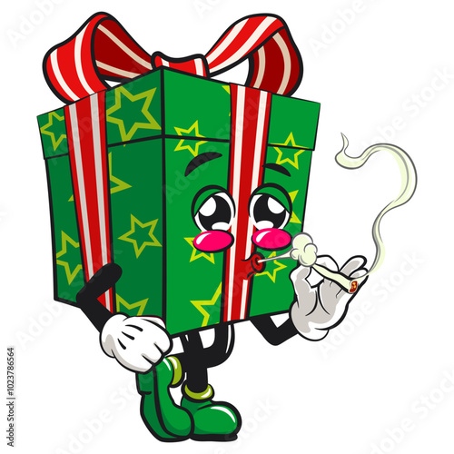 green gift box cartoon character and stars pattern with a red ribbon isolated vector illustration smoke calmly, the concept of birthday, Christmas, new year, work of hand drawn