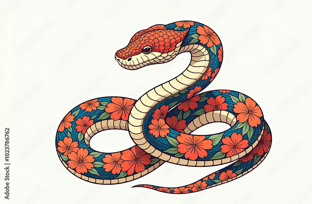 Obraz premium snake with flower composition on white background. Chinese New year of the snake 2025