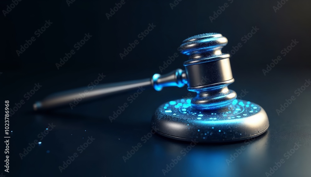 Metallic Gavel on Reflective Surface with Blue Light Effect for Legal Context Metallic Gavel on Reflective Surface with Blue Light Effect for Legal Context