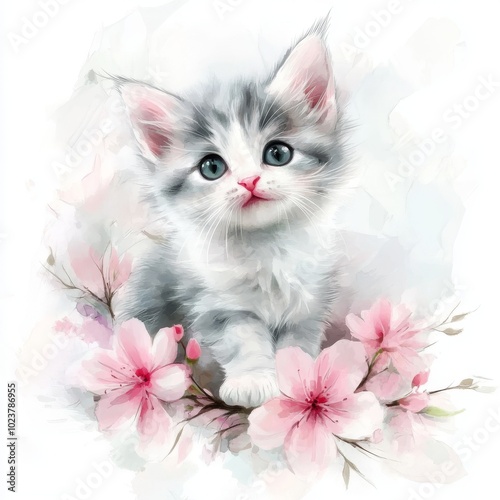 Gray and white kittens sit among pink flowers in this watercolor illustration.