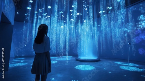 A Woman Gazing at a Blue Light Installation with Water Droplets Falling