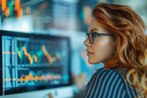 Close-up of a confident businesswoman analyzing financial data on her computer with a calculator on her desk in a corporate office setting.