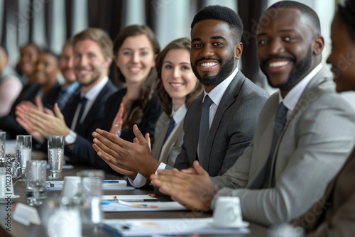 group of corporate recruitment officers sitting at a panel table, applauding after interviewing a professional candidate for a vacancy.