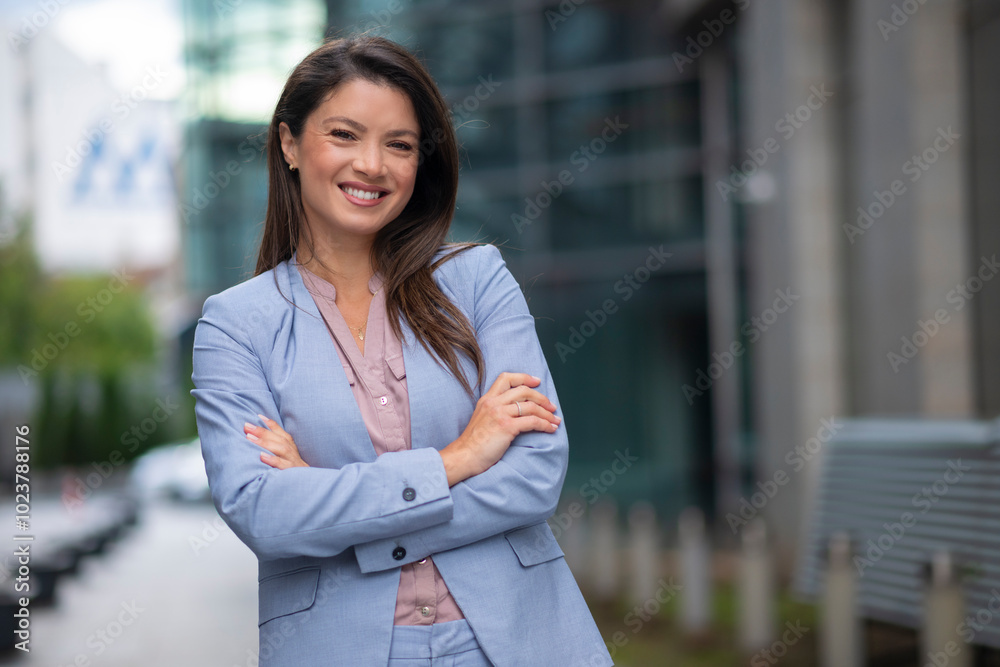 Portrait of business woman standing outdoor in blue suit Portrait of business woman standing outdoor in blue suit