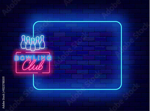 Bowling club neon advertising. Empty blue frame and text with pins. Funny sport competition. Vector stock illustration