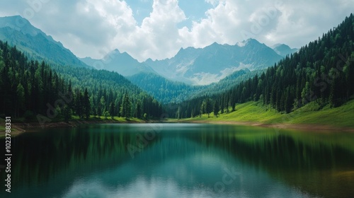 A tranquil lake surrounded by lush green forest and mountains under a blue sky with white clouds.