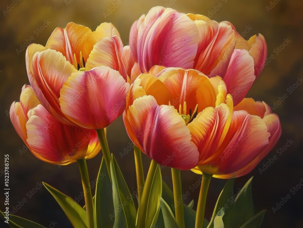 Radiant Tulips in Warm Shades Blooming in Pastoral Countryside Scene Radiant Tulips in Warm Shades Blooming in Pastoral Countryside Scene