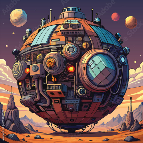 Science fiction illustration with Futuristic Cityscape, Alien Marketplace, Robot Uprising, Artificial Planet