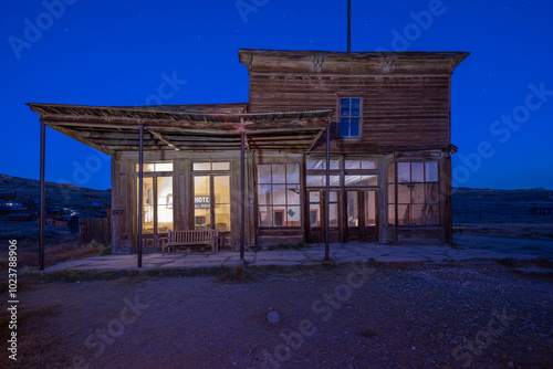 Historic Wheaton & Hollis Hotel in the Ghost Town of Bodie, Shown at Night photo