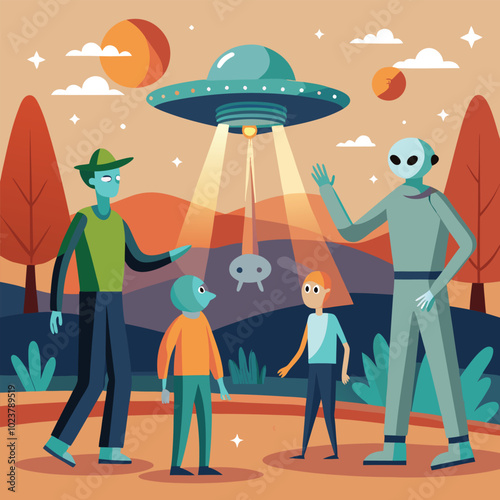 Science fiction illustration with Futuristic Cityscape, Alien Marketplace, Robot Uprising, Artificial Planet