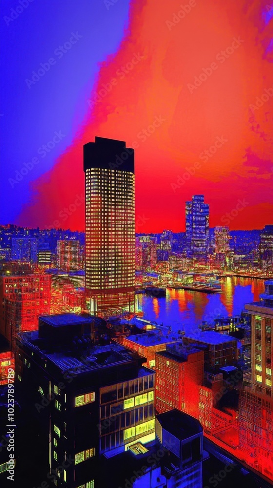 Fototapeta premium Surreal Glitch Infused Cityscape with Luminous Energy Flows and Radiant Hues
