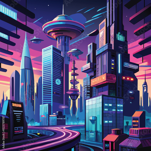 Science fiction illustration with Futuristic Cityscape, Alien Marketplace, Robot Uprising, Artificial Planet