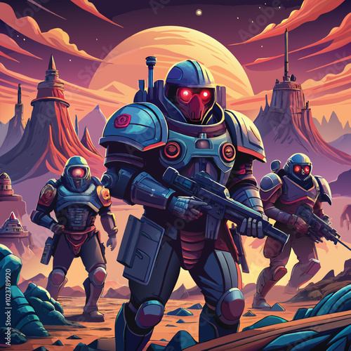 Science fiction illustration with Futuristic Cityscape, Alien Marketplace, Robot Uprising, Artificial Planet