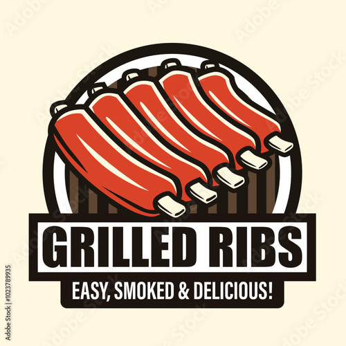 Grilled Ribs Logo Vector Design with Thick Outline and Simple Shape