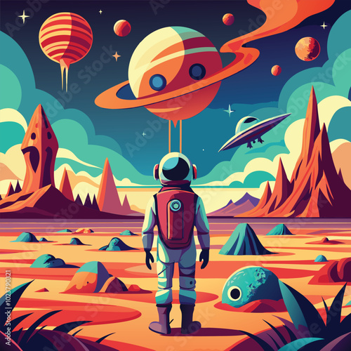Science fiction illustration with Futuristic Cityscape, Alien Marketplace, Robot Uprising, Artificial Planet