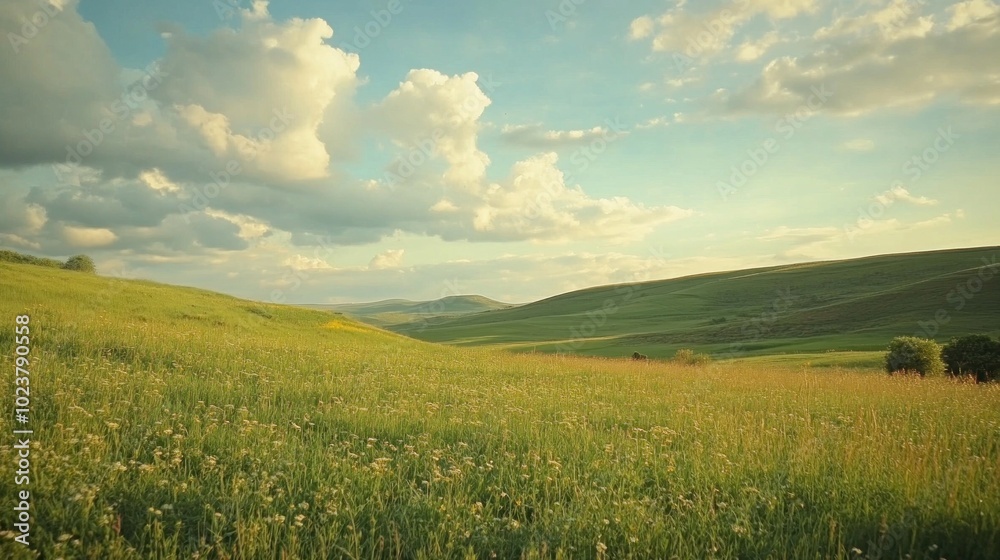 A vast green field stretches out under a blue sky with fluffy white clouds. A vast green field stretches out under a blue sky with fluffy white clouds.