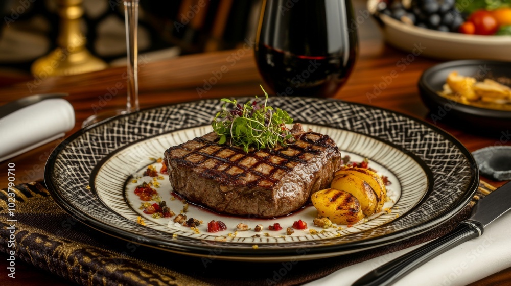 Grilled Steak Platter with Garnish and Wine Grilled Steak Platter with Garnish and Wine