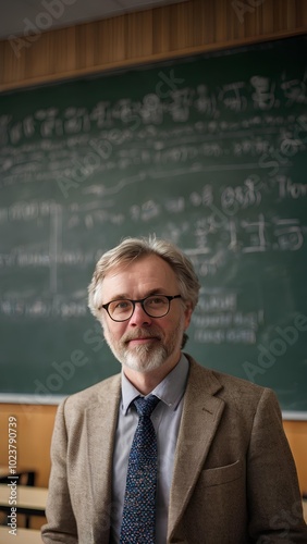 A focused white-haired professor wearing glasses, dressed in a blazer, is seen from the waist up, standing in a lecture hall with a chalkboard behind him, filled with paragraph of words.