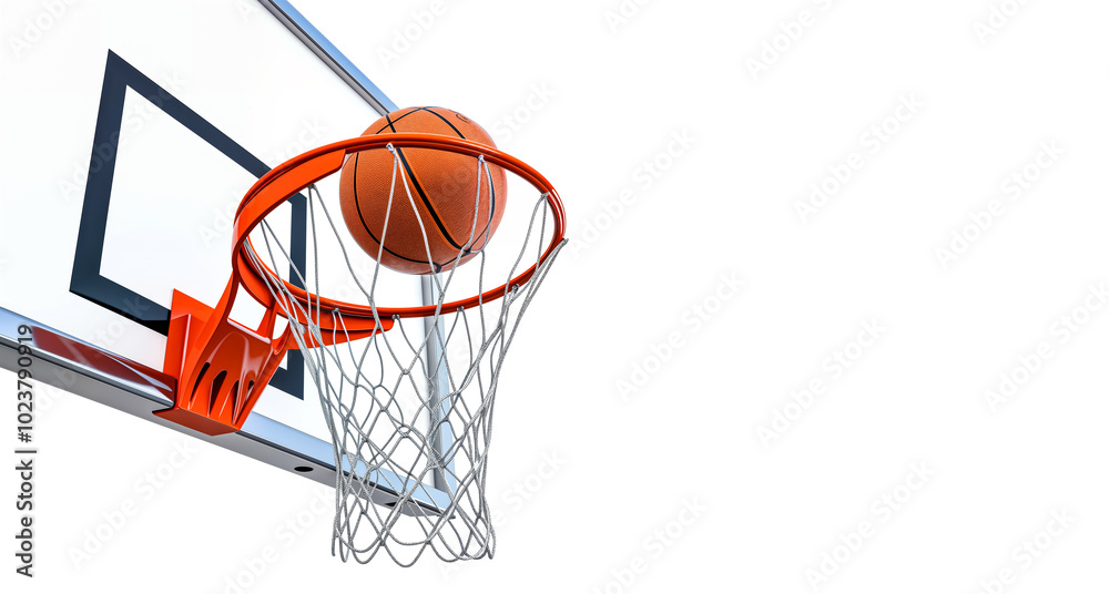 A Basketball Drops Through the Hoop for a Perfect Score. This Dynamic Image Captures the Excitement and Precision of Basketball. Isolated on White Background with Copy Space A Basketball Drops Through the Hoop for a Perfect Score. This Dynamic Image Captures the Excitement and Precision of Basketball. Isolated on White Background with Copy Space